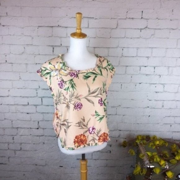 Forcynthia Linen Blend Floral Ruffled Top Peach Small - Picture 1 of 6